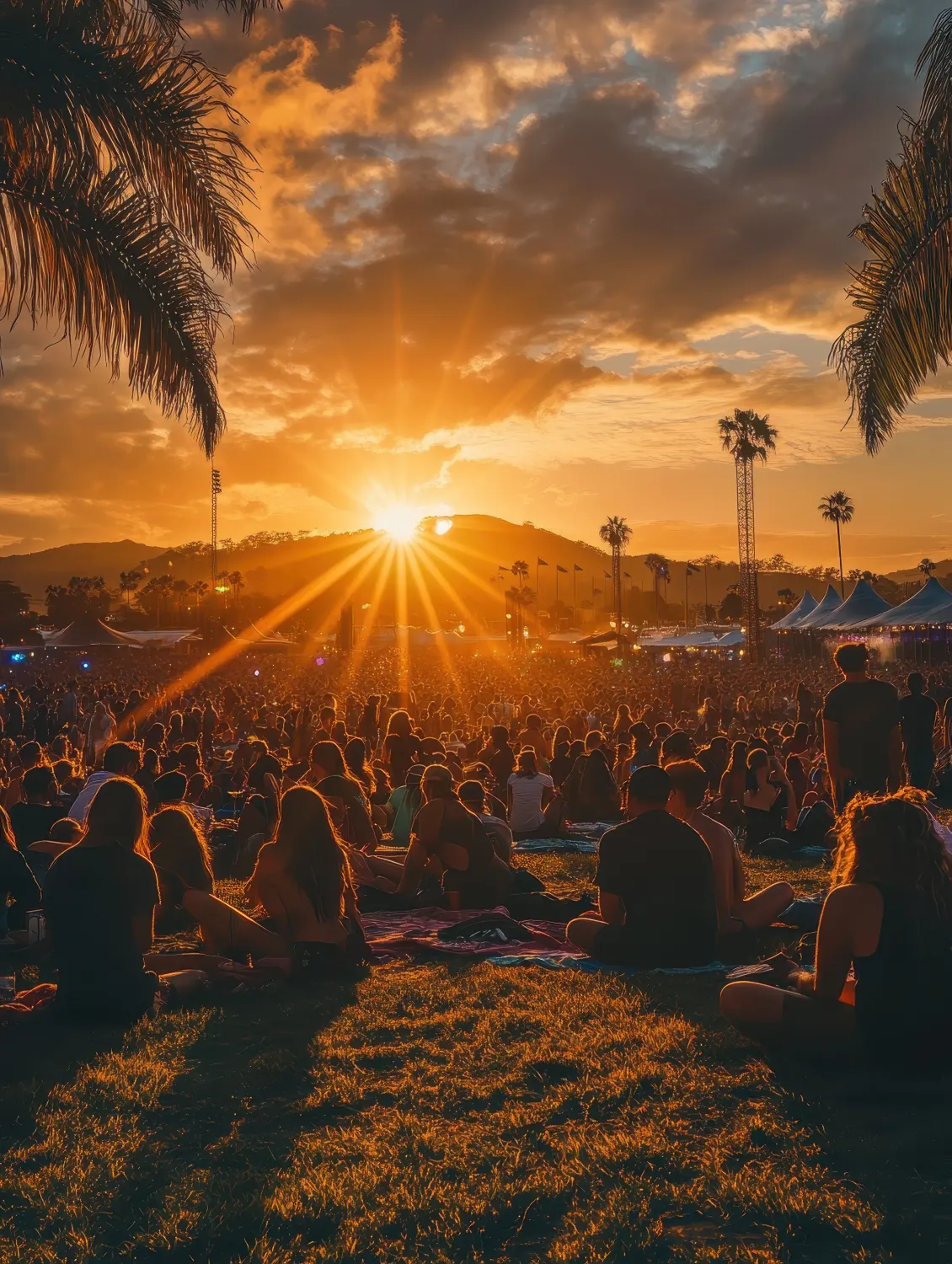 Multidão em um festival de música ao pôr do sol